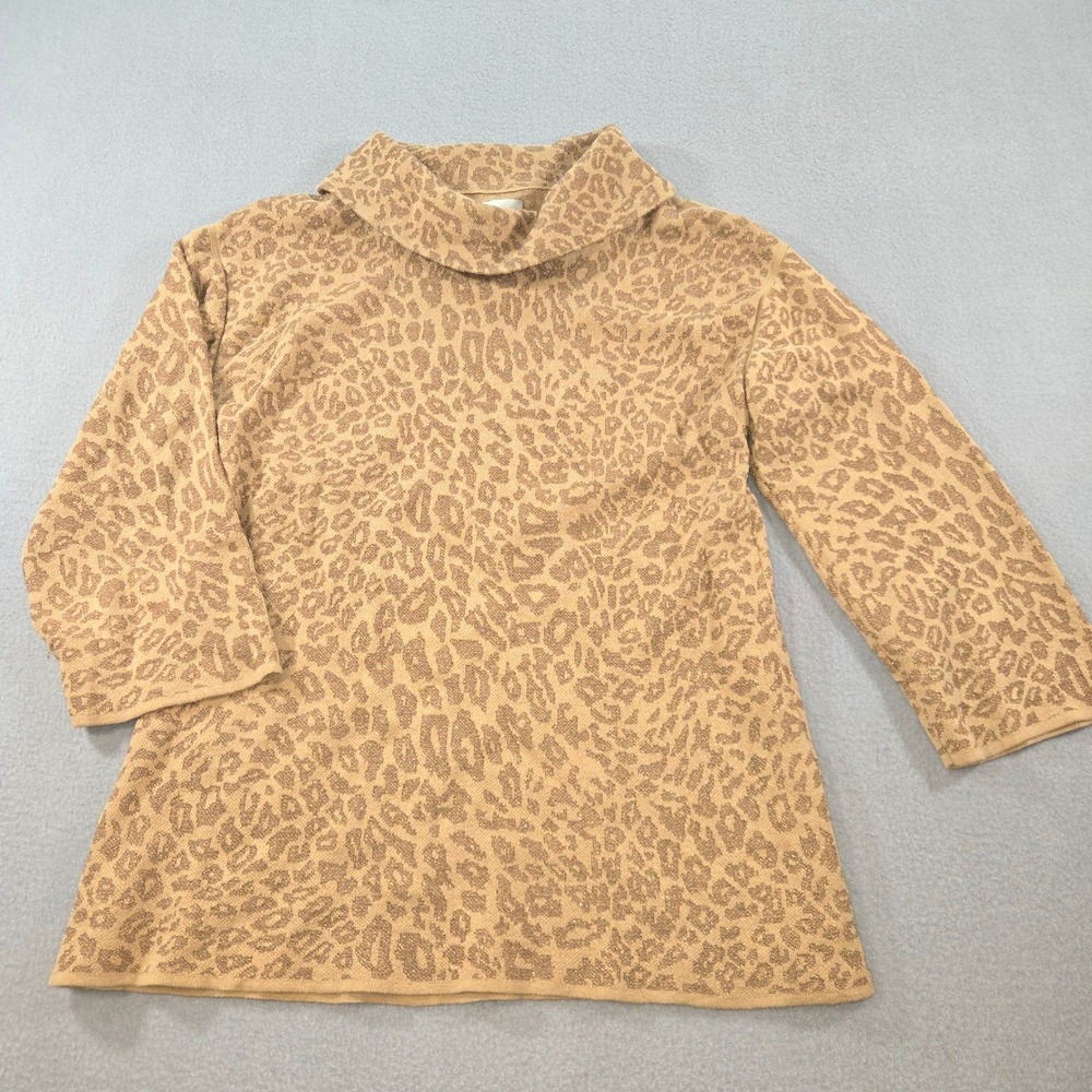 Chico's Sweater Womens 1 Medium Tan Leopard Cowl Neck 3/4 Sleeve Silk Blend Gold